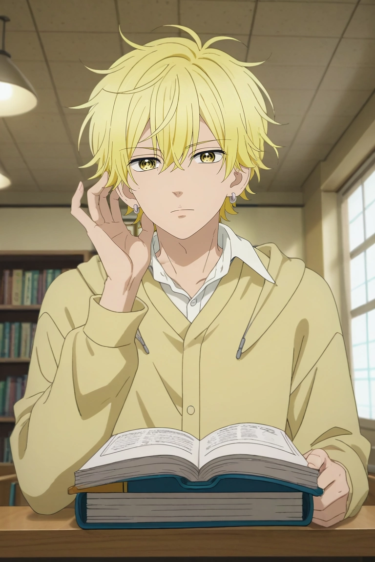 score_9, score_8_up, score_7_up, source_anime, rating_safe, , anime screencap, anime coloring, official style, looking at viewer, 1boy, solo, male focus, <lora:kai_miura_pony:1>, kai_miura, blonde hair, yellow eyes, short hair, bangs, hair between eyes, earrings, , , modern library, towering bookshelves, cozy nooks, glowing desk lamps, studying pose, focused expression, warm ambiance, greek costume, <lora:sdxl_lightning_8step_lora:1>