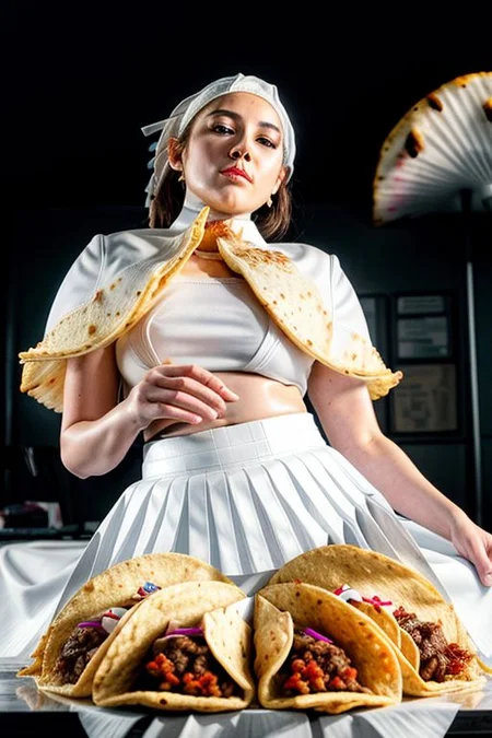 1girl, dripping, (white slime:1.3), kneeling, realistic, pretty, closeup, office, office uniform, pencil skirt, (white skirt:1.8), (eating a taco), (huge taco:1.6), (looking at viewer:1.5), (dimly lit:1.4), fashion photography, intricatedetails, taco with cheese, mariachi band in background,  (black slime sauce)