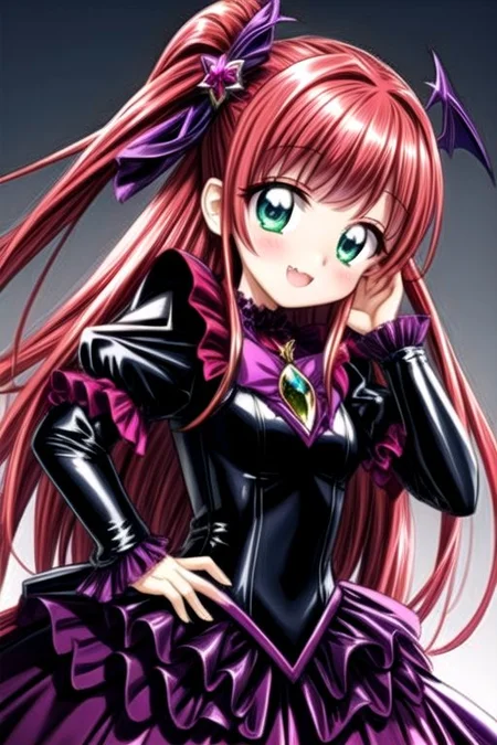 Bad_End_Precure, DarkPrecure, corrupted princess wearing dark pastel (ruffled:1) (gleaming latex:1) gown with (latex vampire cloak:1) and (detached frilly wide sleeves:1), soft lighting, ruffles, (cute little fang:1)
(vmpr:1),
<lora:more_details:1>,