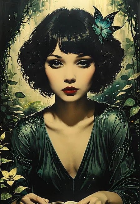illustration with watercolor pen and fine tip pen to focus an enchanted garden portrait, digital watercolor painted, ultra-realistic and stunning portrait, style of Jeremy Mann, A secret garden full of fantastical plants, wide long shot, perfect masterpiece, impasto painting, gorgeous foreground lighting only, glamorous , fantasy illustration, sparks, shiny, grainy, noisy, 16k, digital media, over-exaggeration, masterpiece, breathtaking intricate detail, soft shading, magical fantasy artwork, breathtaking intricate detail.