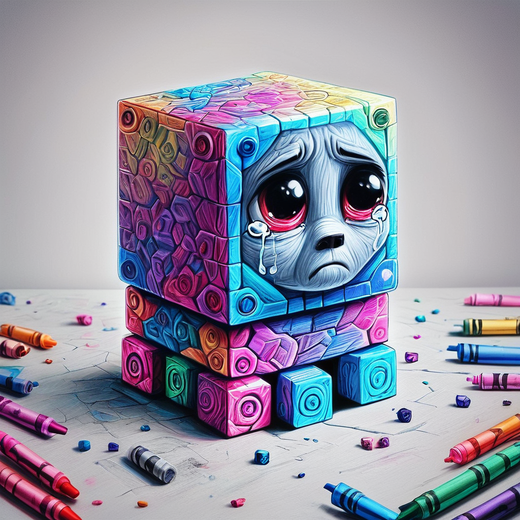 zpdx2,cr4y0n, weighted companion cube, crayon drawing, colorful, sad eyes, tears, <lora:Colorful_Crayons_Pony:0.8>