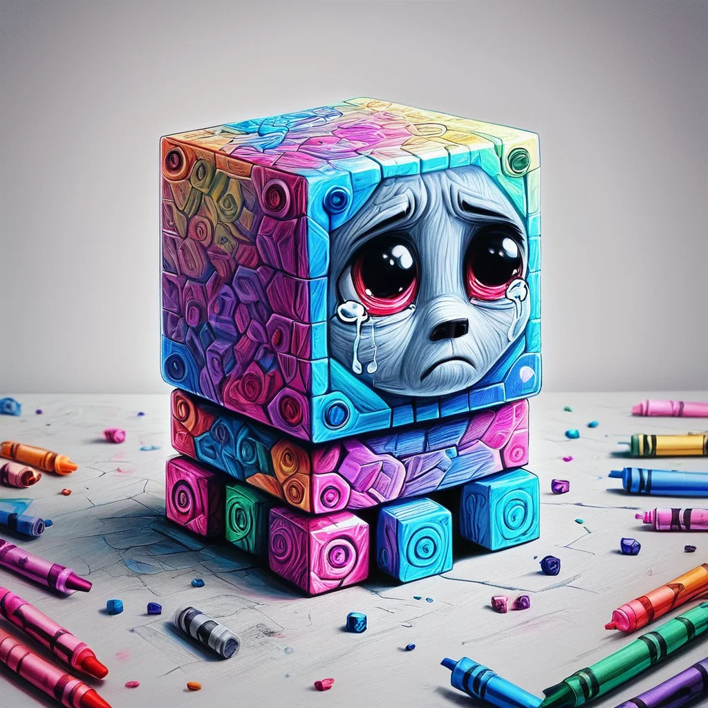 zpdx2,cr4y0n, weighted companion cube, crayon drawing, colorful, sad eyes, tears, <lora:Colorful_Crayons_Pony:0.8>