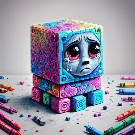 zpdx2,cr4y0n, weighted companion cube, crayon drawing, colorful, sad eyes, tears, <lora:Colorful_Crayons_Pony:0.8>