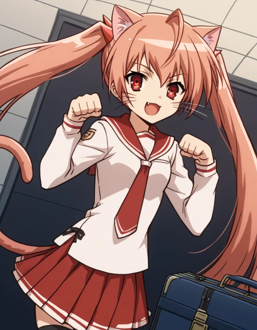 score_9, score_8_up, score_7_up, source_anime, <lora:aria-holmes-kanzaki-s1-ponyxl-lora-nochekaiser:1>, aria holmes kanzaki, long hair, red eyes, twintails, pink hair,, skirt, thighhighs, school uniform, serafuku, zettai ryouiki, white shirt, long sleeves, red sailor collar, necktie, red necktie, red skirt, pleated skirt,, airport, waiting area, suitcase, flight delayed, passengers, reading book, smile, <lora:paw-pose-ponyxl-lora-nochekaiser:1>, paw pose, cat ears, cat tail, animal ears, tail, cat girl, open mouth, fang, whiskers,, looking at viewer, solo,, dutch angle, cowboy shot
