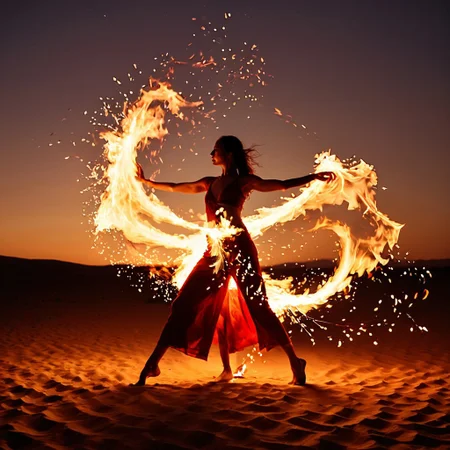 (fire), A young woman performs a mesmerizing fire dance in a vast desert at twilight, her silhouette outlined by twin arcs of spinning flame. She wears a flowing outfit of red and bronze fabrics that move with the rhythm. Sparks leap from her fire poi as the golden hour light meets the firelight, casting long shadows on the sand. The atmosphere is hypnotic, primal, and elegant. (cinematic photography, motion blur, warm tones, high-speed capture, photorealism, expressive movement, glowing embers)