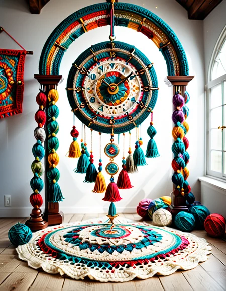 A massive crocheted clock suspended in an empty void, with unraveling hands shedding threads that pile on the floor; crocheted hourglasses releasing infinite cascading yarn; surreal, contemplative, melancholic atmosphere; soft textures contrasted with dynamic unraveling; intricate, symbolic, and visually poetic. <lora:SDXLFaeTastic2400:0.4> <lora:extremely_detailed:0.4> extremely detailed, <lora:cr0ch3t3d:1>,cr0ch3t3d, Masterpiece,best quality,hi res,8k,hi res,8k,award winning,(sharp focus, intricate, highly detailed),
