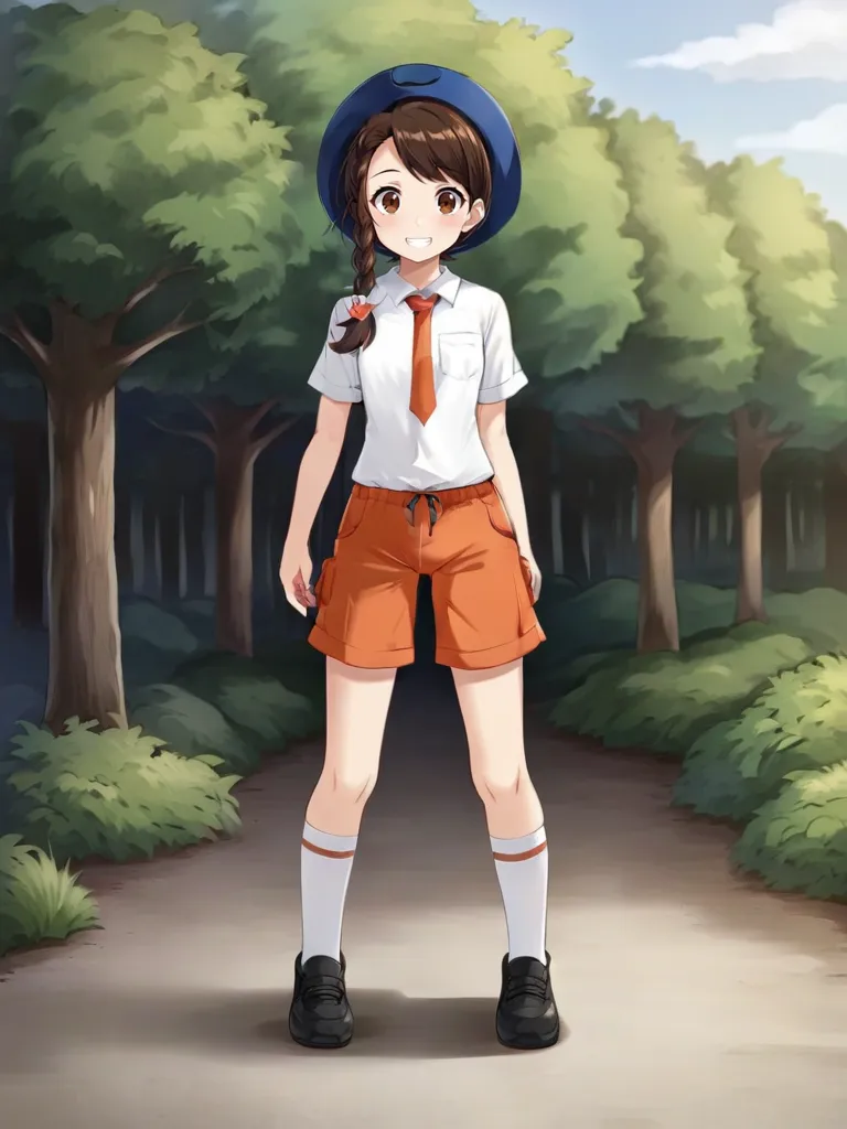 <lora:aojulianaitsukishiro:0.7>
1girl, solo, juliaoina, brown hair, braid, brown eyes, white shirt, short sleeves, orange necktie, orange shorts, blue headwear, hat, white socks, black shoes, full body, standing, campus, outdoors, looking at viewer, smile, teeth,