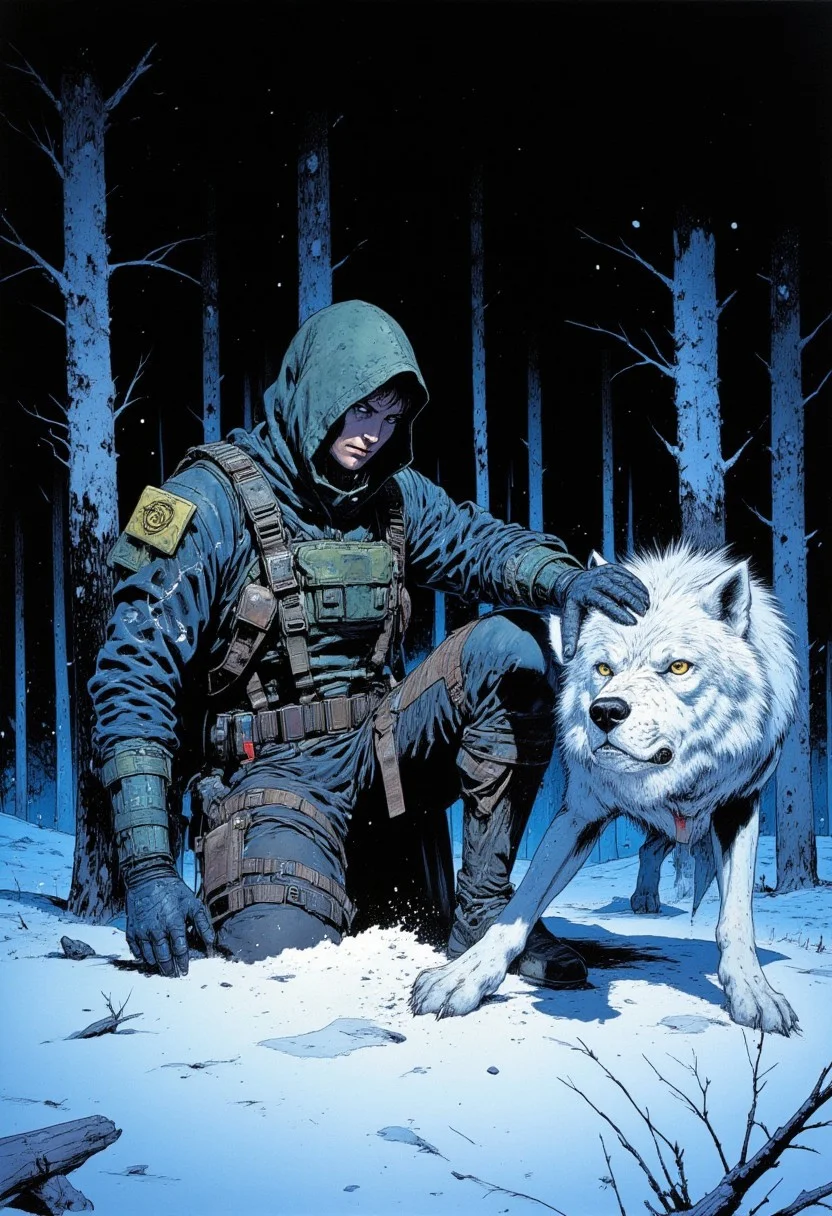 A dynamic comic book style scene featuring a (lone warrior:1.4) and her loyal (white wolf:1.4) in a dark, snowy forest at dusk. The scene is lit by an eerie (dim blue light:1.3) from above, casting shadows across the snow and creating an (atmosphere of solitude:1.2). The female warrior kneels, her intense, battle-hardened expression partially (shadowed by her hood:1.2) as she brushes snow aside to reveal hidden (tracks:1.2). She wears a (tactical outfit:1.2) with multiple pouches strapped across her chest, waist, and legs, layers of worn fabric and padding visible. The wolf stands (alert:1.5), ears perked, eyes focused on the forest, adding vigilance to the desolate setting. Around them, tall (snow-covered trees:1.3) blend into the night, and the cold blue light highlights their forms against the dark surroundings.