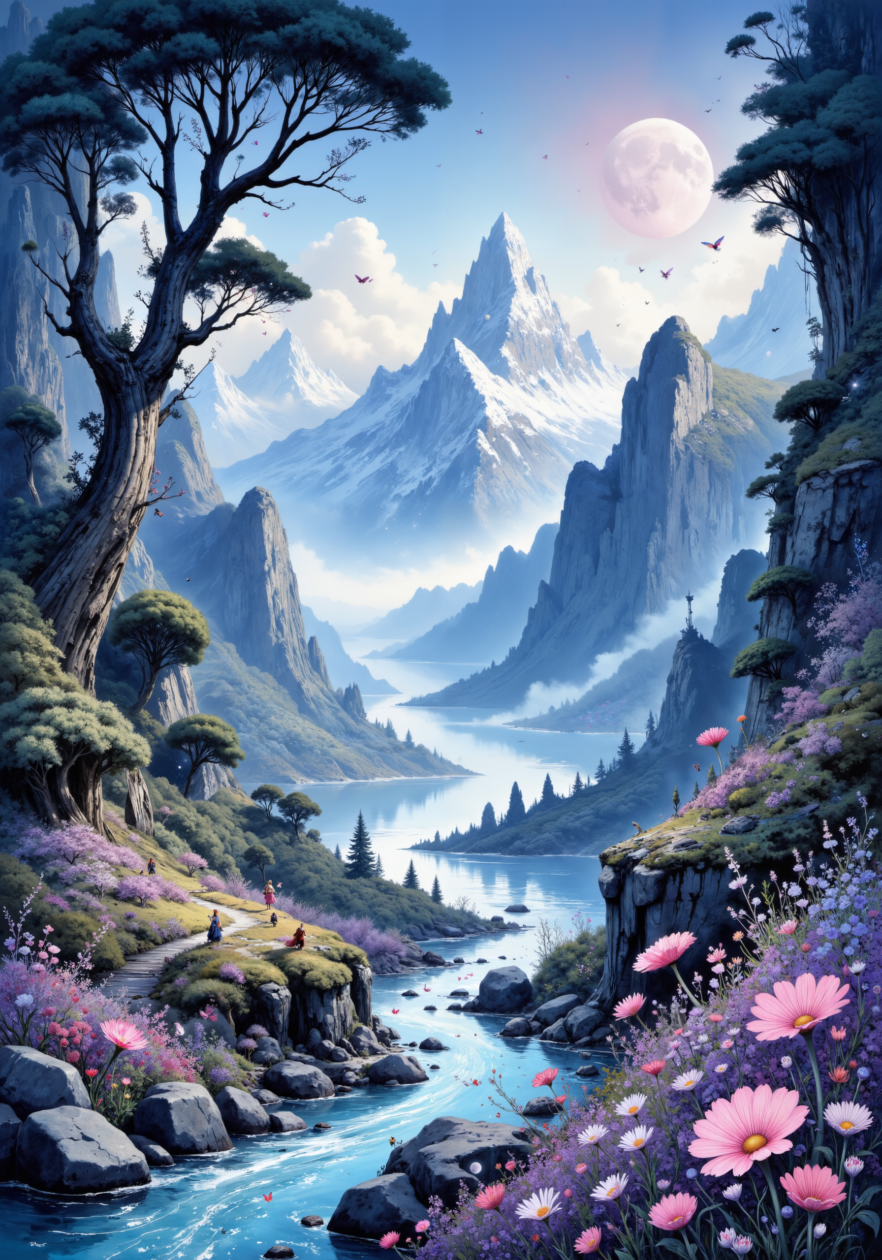 A mesmerizing alpine surrealist painting portraying a hidden valley where rugged, snow-capped mountains gracefully meld into an enchanted forest. The scene bursts with vibrant watercolor hues of cobalt, violet, and emerald, illuminated by ethereal moonlight and a delicate, iridescent fog. Twisted ancient trees, crystalline streams, and luminescent wildflowers create a dreamlike mosaic of nature and fantasy. Delicate, fantastical creatures flutter amid swirling mists, while majestic rock arches define the horizon. 8k, masterpiece, intricate detail, digital art, hyper-realistic ambiance, ambient lighting. <lora:flux_ptchkrawk:0.2> <lora:zyd232_Ink_Style_Flux1D_v1_1:0.4> <lora:MushyFunk:0.8> <lora:artisketchyfs-v02:0.7> <lora:flux_dev:1>
