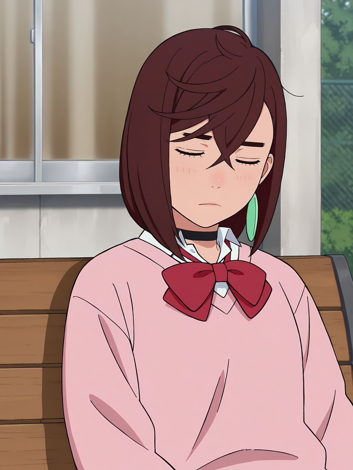 <lora:Momo_Ayase:0.8>, momo_ayase, 1girl, solo, short brown hair, green earrings, black choker, pink sweater, red necktie, white collared shirt, upper body, tired, exhausted, eyes closed, closed mouth, lying on bench, sitting, slouched posture, school, bench, outdoors