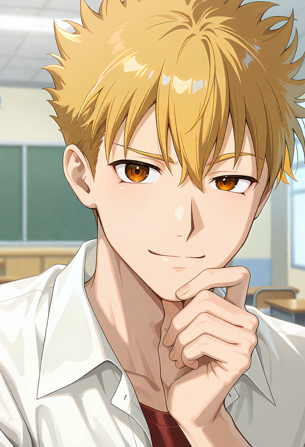<lora:fujiyama_arashi:1>,
f4r4sh1,blonde_f4r4sh1_hair,brown_f4r4sh1_eyes,1boy,solo,anime coloring,
close-up,looking at viewer,raised eyebrow,smile,hand on own chin,desk,white collared shirt,upper body,
blurry background,depth of field,
masterpiece,very awa,best quality,amazing quality,absurdres,highres,incredibly absurdres