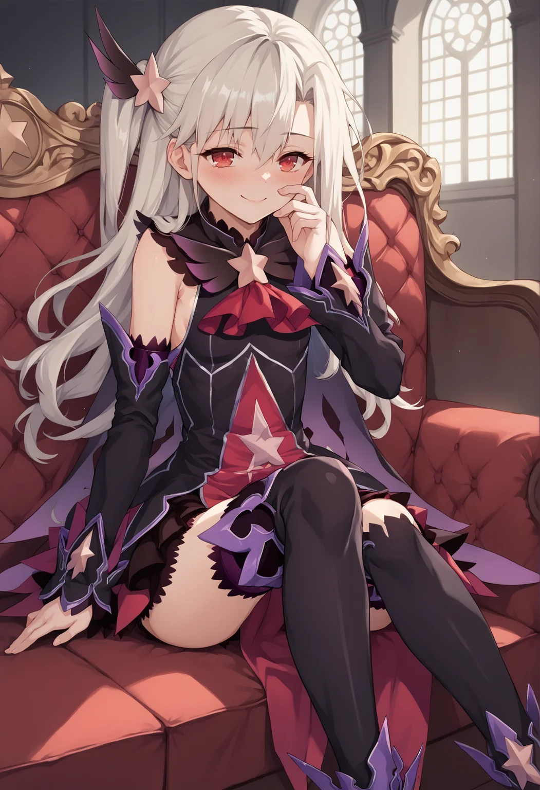 1girl, white hair, red eyes, long hair, side ponytail, hair ornament, black dress, magical girl, corruption, detached sleeves, black thigh Boots, sitting, indoors, couch, seductive smile, blushing, head on knee, mansion <lora:Illya_IQ2:1>, score_9, score_8_up, score_7_up, score_6_up, score_5_up, score_4_up, BREAK source_anime, masterpiece