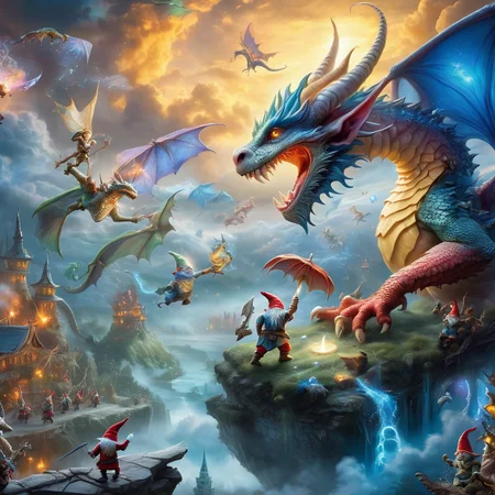 Fujifilm quality photograph (best quality)++, (masterpiece)++, (detailed)+, elf on the shelf fighting a Dragon, (fantasy illustration)1.3, enchanting Dragon battle elf on the shelf, mystical battle, (many gnomes battling)1.4 (whimsical charm).4 Otherworldly charm, mystical sky, (Luis Royo)1.2, (Yoshitaka Amano)1.1, moonlit night, soft colors, (detailed cloudscape)1.3, (high-resolution)1.2 (gnomes  battling everywhere)1.2 , <lora:DonM3t3rn1tyXL-v1.1:0.3> DonM3t3rn1tyXL <lora:DonMD1g174l4sc3nc10nXL:0.3> DonMD1g174l4sc3nc10nXL  <lora:Dragons:0.8> dragon  <lora:EnvyMagicalXL01:0.3> magical <lora:FantasyLandscape:0.8> FanLan