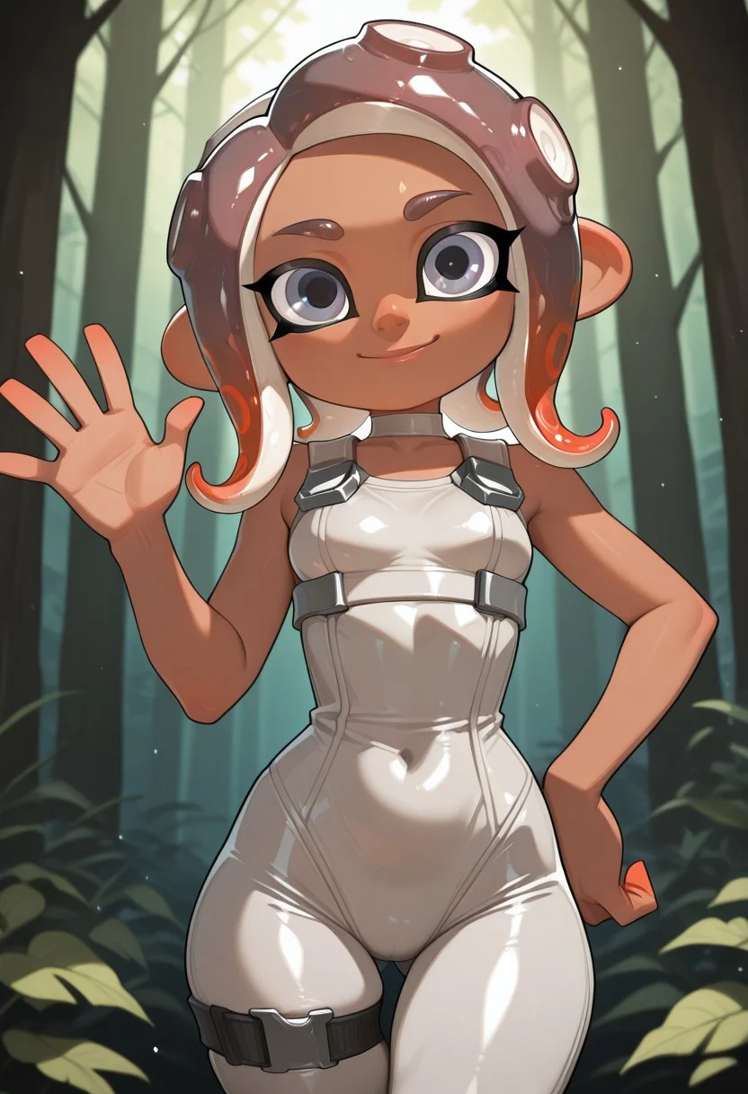 score_9,score_8_up,score_7_up,score_6_up, masterpiece, best quality, very aesthetic, 2d, ((thin lines)),
volumetric lighting, light particles, depth of field,
detailed background, background is forest,
BREAK
1girl, (female focus), solo, Perfect Body, (Perfect Anatomy), Agent8Order, octoling, suction cups, dark skin, thigh gap,
smile,
bodysuit,
cowboy shot,from the front,
standing, waving, hands on hips, smiling, dynamic pose, wide stance, looking at viewer