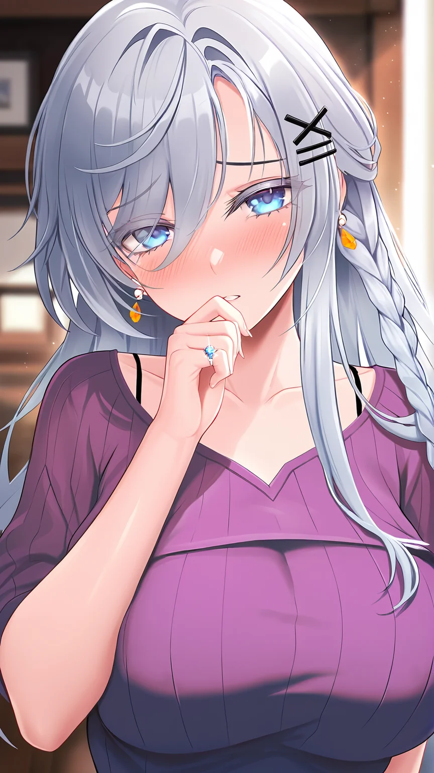 amazing quality,absurdres,best quality,masterpiece,highres,newest,detailed,detailed body,detailed face,masterpiece,best quality,solo,
人妻ã³ã³ãã£ã·ã§ãã³ã°,1girl,solo,braid,jewelry,long hair,hair ornament,ring,earrings,blue eyes,sweater,hairclip,collarbone,purple shirt,grey hair,<lora:人妻ã³ã³ãã£ã·ã§ãã³ã°:0.8>,
