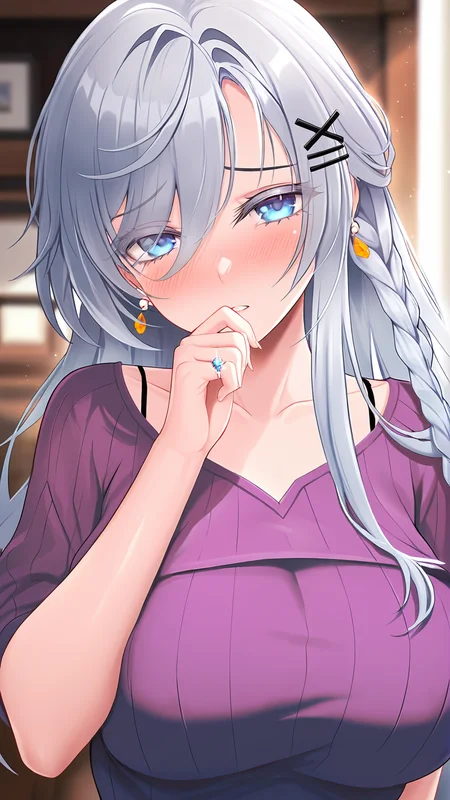 amazing quality,absurdres,best quality,masterpiece,highres,newest,detailed,detailed body,detailed face,masterpiece,best quality,solo,
人妻ã³ã³ãã£ã·ã§ãã³ã°,1girl,solo,braid,jewelry,long hair,hair ornament,ring,earrings,blue eyes,sweater,hairclip,collarbone,purple shirt,grey hair,<lora:人妻ã³ã³ãã£ã·ã§ãã³ã°:0.8>,
