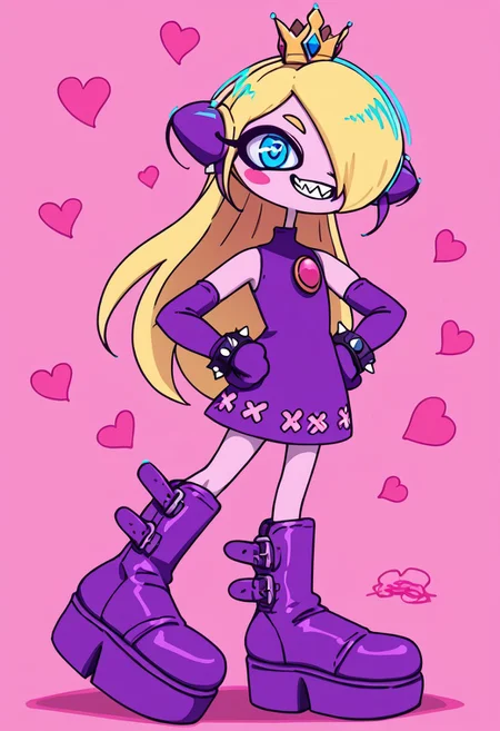 score_9, score_8_up, score_7_up, masterpiece, best quality, detailed, amazing quality, detailed background, abstract background, dynamic pose, colorful, jumping, solo, 1girl, walpeach, blonde hair, hair over one eye, long hair, blue eyes, blush stickers, crown, purple dress, elbow gloves, purple gloves, boots, purple footwear, spiked bracelet, purple headgear, platform footwear, looking at viewer, smug, grin, grinning, sharp teeth, hands on hips, facing viewer, full body, pink background, heart, cute, lovely, colorful,