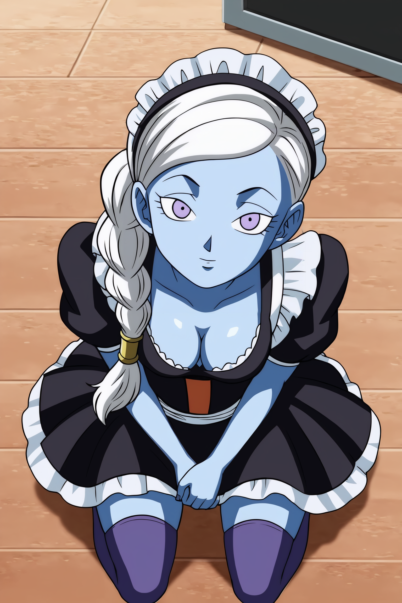 source_anime, score_9, score_8_up, score_7_up, anime screencap, absurdres,
kusu \(dragon ball\), braid, single braid, side ponytail, long hair, purple eyes,  white hair, blue skin, colored skin,
maid, maid headdress, white thighhighs, kneeling, from above, looking up at viewer, own hands together, cleavage, indoors, mansion, short sleeves, frilled dress, cleavage,  black maid outfit, small breasts, 
 <lora:Angels_v1:0.8>