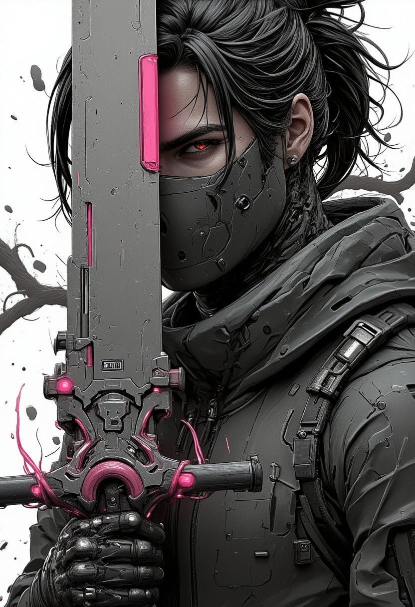 nistyle, monochrome Manga Sketch, face Closeup, a dark hairbun, ponytail, Killing Gaze smile, eerie, eyes Shrouded in darkness, hyperdetailed manga sketch style, with bleached vibrant colorful neon color Highlights, grey, and white color grading. Wielding a Translucent vibrant sss technical intricate essembled wired snake-sword with Glitch effects in another contrast application