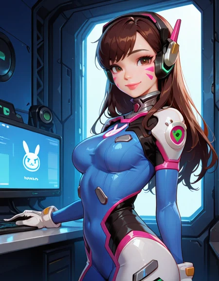 masterpiece, best quality, amazing quality, very aesthetic, absurdres, newest, detailed background, cowboy shot, 4k, 8k,
dvaxd, 1girl, solo, whisker markings, bodysuit, brown hair, long hair, facial mark, breasts, headphones, bunny print, brown eyes, skin tight, gloves, smile, facepaint, looking at viewer, white gloves, ribbed bodysuit, bangs, pilot suit, medium breasts, lips, blue bodysuit, shoulder pads, swept bangs, pink lips, from side
<lora:D.Va_-_Overwatch_Illustrious:1>