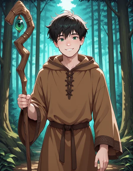 masterpiece, best quality, amazing quality, 1boy, male focus, black short hair, messy hair, green eyes, brown robe, wooden staff, smile, forest, looking at viewer, <lora:DaveCheungVanillaCookiesTehDave_Style_for_Illustrious:0.9>, vcookiez