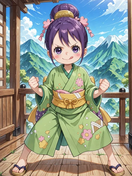 ultra-detailed, ultra-detailed background, ultra-detailed eyes, hair between eyes, outdoors, mountain, 1girl, <lora:Tama_Kurozumi_-_One_Piece__Illustrious:0.8>, child, purple hair, shimada hairstyle, hair bun, purple eyes, eyelashes, one piece wano style, hair ornaments, pink cheeks, green kimono, yellow sash, patched kimono, japanese sandals, loose clothes, fighting stance, detailed toes, v-shaped eyebrows, looking at viewer, licking lips, clenched hands, <lora:hand 5.5_903007:0.1>, well-defined fingers, ultra-detailed fingers, <lora:illustriousXL_stabilizer_v1.7_1135253:0.1>, <lora:spo_sdxl_10ep_4k-data_lora_webui_482964:1>, <lora:Hyper-SDXL-8steps-lora:0.5>, <lora:add-detail-xl:1>, general, masterpiece, best quality, amazing quality, very aesthetic, absurdres,