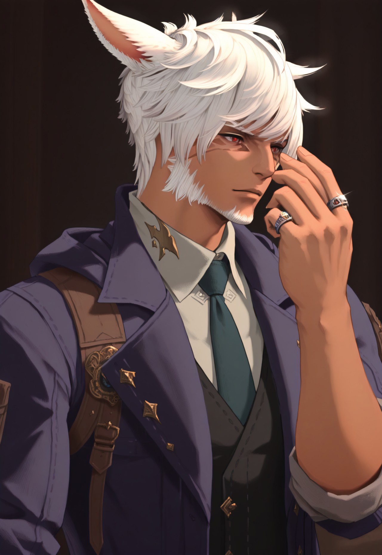 masterpiece, very aesthetic, best quality, absurdres, 3KK4T14, animal ears, 1boy, solo, miqo'te, male focus, facial hair, dark skin, cat ears, dark-skinned male, jewelry, red eyes, ring, white hair, beard, short hair, necktie, upper body, jacket, hand up,