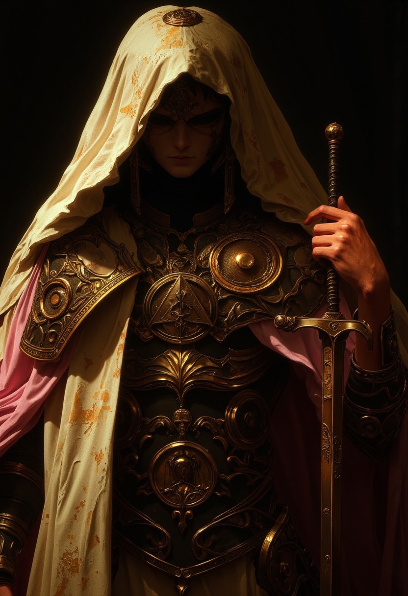Busty adult Long haired princess zelda, Her muscular shoulders and chest, partially exposed beneath the scratched and dented bronze armor, emphasize her powerful physique. The intricate engravings on the armor—zelda style symbols a mushroom and a triforce icon—are stained with remnants of her challenges, adding to the visceral sense of her prowess. Her pale white skin glistens with sweat, highlighting the curves of her strong, broad chest. A thick hood casts a deep shadow over her face, obscuring her features in darkness and adding a mysterious princessfantasy aura to her presence. In her right hand, just visible within the frame, she grips a plain Rioja Iron sword, its blade worn and scuffed from intense battles. Her other hand rests on her hip, confidently poised. The thick beige and light pink cape draped over her shoulder falls behind her, catching the wind, while the warm light casts deep shadows across her muscular frame, enhancing the raw, primal power she exudes.