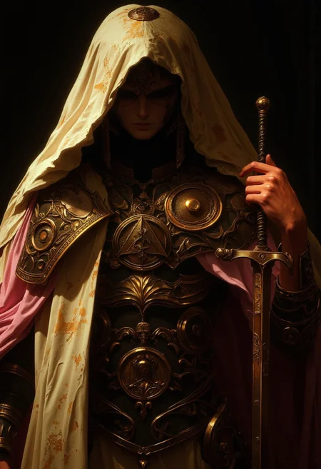 Busty adult Long haired princess zelda, Her muscular shoulders and chest, partially exposed beneath the scratched and dented bronze armor, emphasize her powerful physique. The intricate engravings on the armor—zelda style symbols a mushroom and a triforce icon—are stained with remnants of her challenges, adding to the visceral sense of her prowess. Her pale white skin glistens with sweat, highlighting the curves of her strong, broad chest. A thick hood casts a deep shadow over her face, obscuring her features in darkness and adding a mysterious princessfantasy aura to her presence. In her right hand, just visible within the frame, she grips a plain Rioja Iron sword, its blade worn and scuffed from intense battles. Her other hand rests on her hip, confidently poised. The thick beige and light pink cape draped over her shoulder falls behind her, catching the wind, while the warm light casts deep shadows across her muscular frame, enhancing the raw, primal power she exudes.