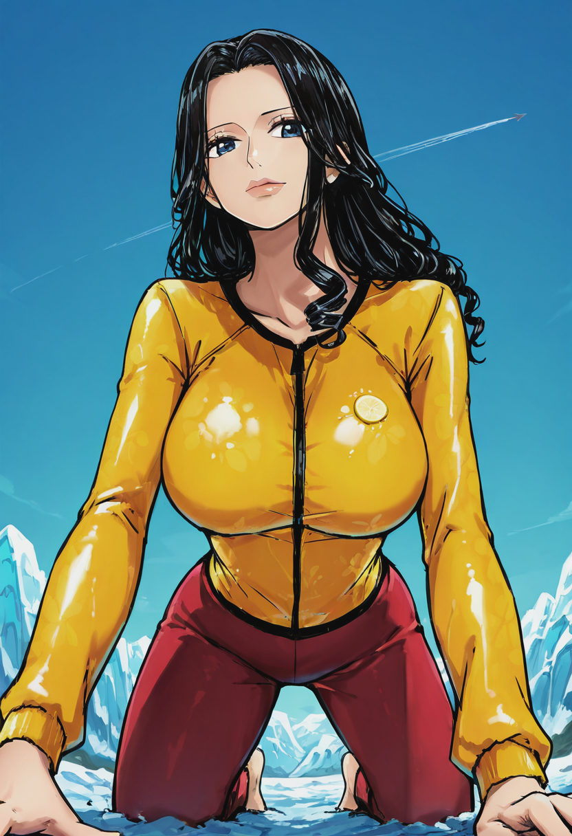 score_9, score_8_up, score_7_up, source_anime, 1girl, large_breasts, mature_female, solo, looking_at_viewer, open_eyes, Kneeling with one arm extended upwards, atmospheric_perspective, Lemon rash guard, ringlets, mullet, Jet Black hair, glacier, cowboy_shot, rating_safe, <lora:Illustrous\shellmaru:0.9>