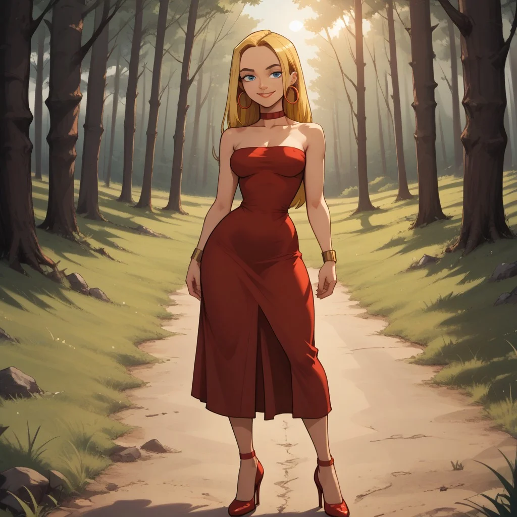 score_9, score_8, BREAK, solo, blonde hair, blue eyes, lips, red dress, red choker, red high heels, red hoop earrings, yellow bracelets, total drama, Blaineley_(Total_Drama), breasts, self portrait, sexy pose, smile, outdoors, sunlight, shadows, evening lighting, natural lighting, forest, trees, grass, orange sky, sunset