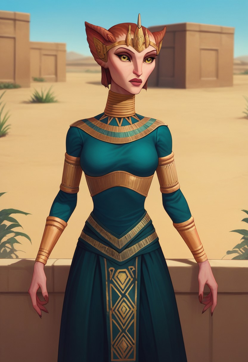 score_9, score_8_up, score_7_up, female, solo, miraj_scintel,crown, ear-horns, yellow eyes,outfit1, neck-rings, medium breasts, outdoors, standing in egyptian garden, desert