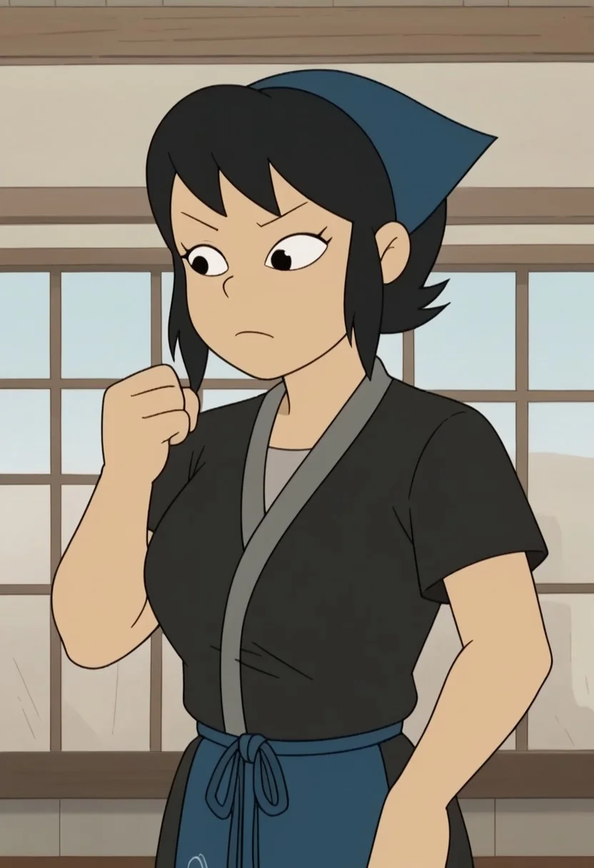 score_9, score_8_up, score_7_up, source_anime, anime screencap, kazumi watanabe, 1girl, solo, black hair, short hair, black eyes,large breasts, apron, japanese clothes, kimono, black shirt, shirt,head scarf,short sleeves, indoor, sexy pose,