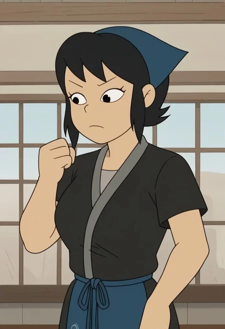 score_9, score_8_up, score_7_up, source_anime, anime screencap,  kazumi watanabe, 1girl, solo, black hair, short hair, black eyes,large breasts, apron, japanese clothes, kimono, black shirt, shirt,head scarf,short sleeves, indoor, sexy pose,