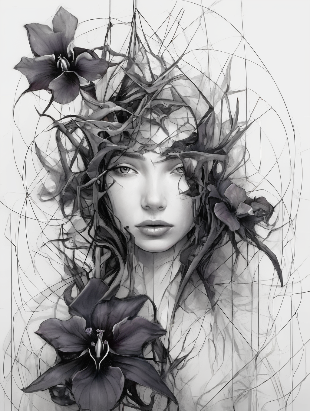 beautiful young girl with a black orchid, Surreal, abstract, bizarre, <lora:add-detail-xl:1.8> . Eerie, unsettling, dark, spooky, suspenseful, grim, highly detailed, darkness, midnight, Extremely high-resolution details, fine texture