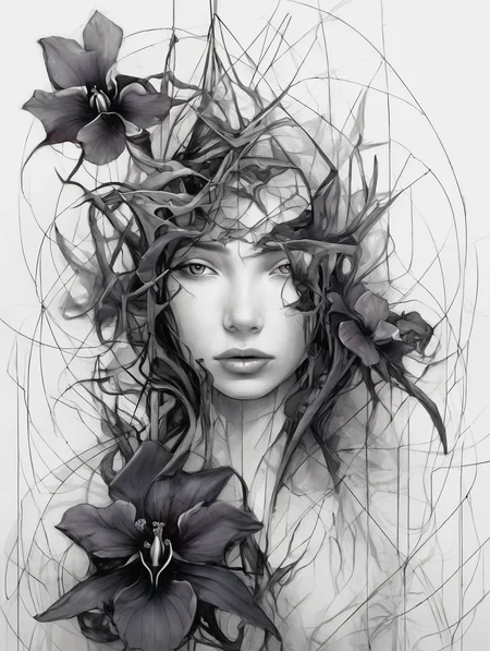 beautiful young girl with a black orchid, Surreal, abstract, bizarre, <lora:add-detail-xl:1.8> . Eerie, unsettling, dark, spooky, suspenseful, grim, highly detailed, darkness, midnight, Extremely high-resolution details, fine texture