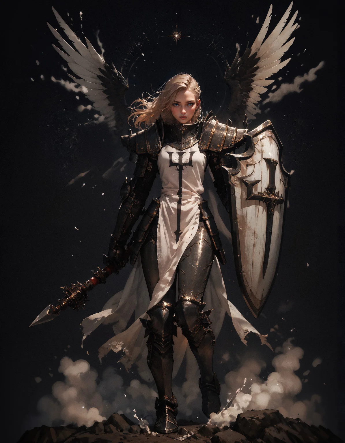 score_9, score_8_up, score_7_up, score_6_up, score_5_up, score_4_up, masterpiece, high quality, full body, solo, crsadr, knight, pauldrons, full armor, long hair, gauntlets, shield, pelvic curtain, holding weapon, flail, braid, side cut, panoramic, white fabric, (simple background, black background:1.2)