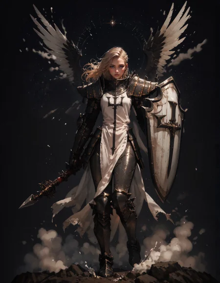 score_9, score_8_up, score_7_up, score_6_up, score_5_up, score_4_up, masterpiece, high quality, full body, solo, crsadr, knight, pauldrons, full armor, long hair, gauntlets, shield, pelvic curtain, holding weapon, flail, braid, side cut, panoramic, white fabric, (simple background, black background:1.2)