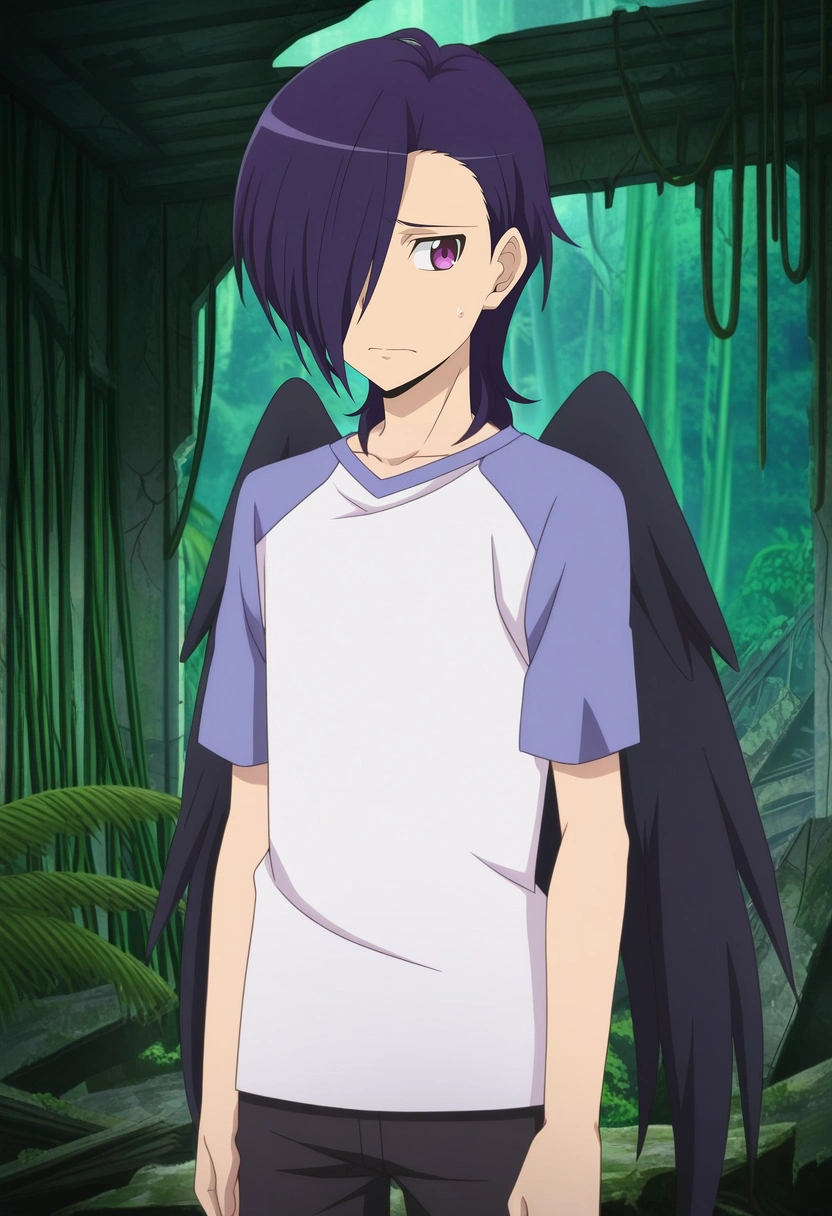 masterpiece, best quality, anime screencap, official style, anime coloring, cowboy shot, 1boy, solo, male focus, <lora:hanzou_urushihara_ilxl:0.9>, hanzou_urushihara, purple hair, purple eyes, hair over one eye, short hair, black wings, white shirt, raglan sleeves, cowboy shot, jungle, rainforest, ruins, indoors, light, twisted torso, nervous,
