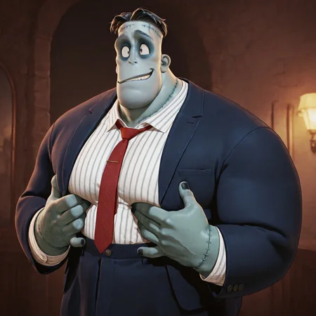 masterpiece, best quality, absurdres, newest, perfect quality, best quality, absolutely eye-catching, detailed background, intricate details, bara, 1boy, male, male focus, solo, smirk, looking away, mature, colored skin, green skin, patchwork skin, black hair, short hair, middle part, stiches, stiches on forehead, stiches on hands, black nails, white shirt, stripped shirt, ((unbuttoned shirt)), overalls, red tie, blue blazer, bara, muscular, large pectorals, large biceps, belly, (((grabbing chest))), hands on chest, squeezing chest, side view, cowboy shot, very awa, best quality, absurdres, newest, perfect quality, detailed background, intricate details, (artist:rokudenashi:0.8), (artist:dizdoodz:0.7), (artist:gomtang:0.6)