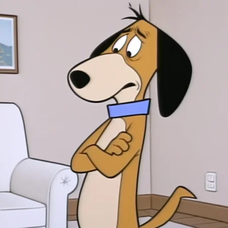 masterpiece, best quality, amazing quality, official style, d0ggi3d4ddy, male, furry male, solo, anthro, dog, short hair, black eyes, brown fur, tan muzzle, black nose, droopy ears, tail, blue collar, standing, crossed arms, upset, indoors, living room