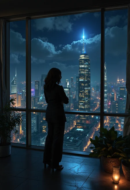 
dark fantasy aesthetic. , digital artwork of a futuristic, natural colors, , epic.  luminescence, ultra realistic, hyper detailed, soft lighting , epic scale.
(detailed digital painting, detailed oil painting). 

An instant super-detailed photo. An over-detailed photo. 
A dark gloomy large office, night, large floor-to-ceiling windows, mystical atmosphere, Gothic style, a business woman in a formal pantsuit stands at the window. The lights of the night city are outside the window. black long hair, haughty look, dominance, strength, domineering pose, seduction by force of character. m466i35iff. An otherworldly atmosphere.  gray-silver color scheme. Epic.
 monumental,  Otherworldly atmosphere. 
(Depth of field), detail. mythp0rt, Stylish, charismatic.c.

 .

 ..



