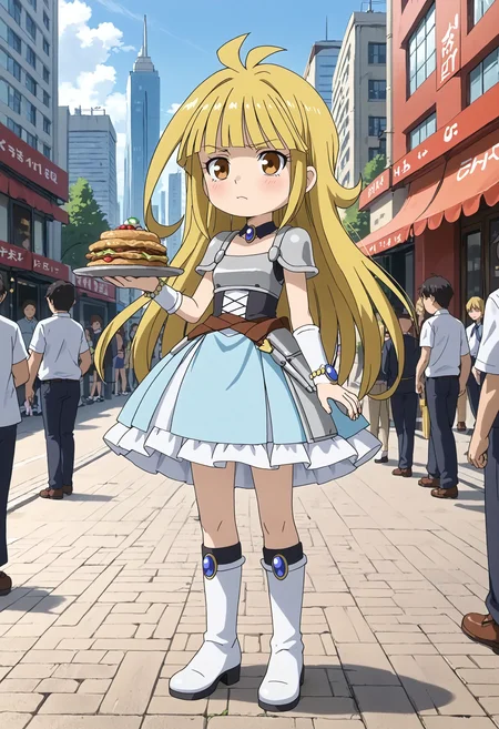 <lora:Hyper-SDXL-8steps-lora:1> <lora:Fixhands_anime_bdsqlsz_V1:1> zPDXL2, score_9, score_8_up, score_7_up, source_anime, intricate details, perfect anatomy BREAK
outdoors, city, tokyo, japan, audience, crowd, tray, serving, standing, Annoyed, Mouth turned down slightly, eyes narrowed, and a tense jaw., 1girl, solo, solo focus, 
<lora:driland-mikoto_XL(pony)v10:1> (chibi:0.6), driland-mikoto, blonde hair, long hair, brown eyes, driland-mikoto outfit, armored dress, breastplate, detached sleeves, blue skirt, white boots,