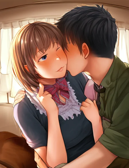 1boy, man,  1girl, embracing, kissing, indoors,  by b-ginga, upper body