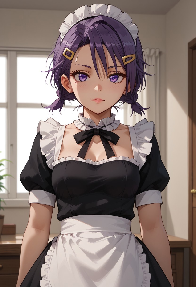 score_9, score_8_up, score_7_up, score_6_up, (1girl ), (solo),
BREAK,
HDA_MasterpieceXL_v.1,
BREAK
1girl: <lora:Asumi_Kominami BWBGD-V1>,asumi kominami,
small hair, hair ornament, twintails, purple eyes, purple hair, hairclip, medium breasts
.
BREAK
half body,maid, maid dress, enmaided, maid headdress, 
neck ribbon, frilled choker, black dress, 
white apron, puffy short sleeves, black thighhighs, light,mini skirt