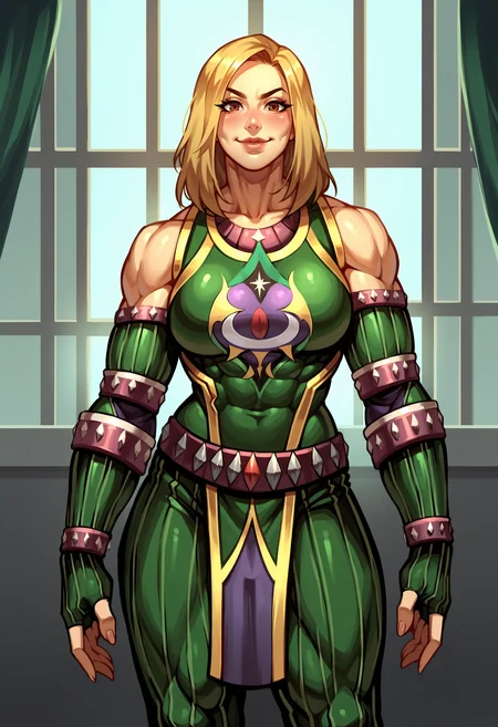 score_9, score_8_up, score_7_up, score_6_up, score_5_up, score_4_up, 1girl, <lora:KerriHicks:0.8> solo, breasts, blonde hair, brown eyes, lips, pants, gloves, elbow gloves, fingerless gloves, bare shoulders, standing, muscular, muscular female, bodybuilder, smile, blush, front view,
(bedroom background), window,
