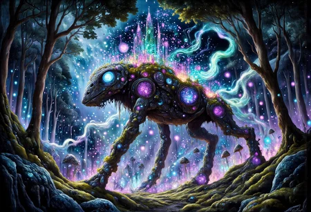 In the heart of an ancient, mystical forest, bathed in the eerie glow of a moon concealed behind thick, swirling clouds, strides a colossal translucent at-st Scout Walker. Its massive mechanical legs thunder across the moss-covered ground as it moves effortlessly through the landscape, its transparent body nearly vanishing in the vast expanse of stars above. The walkers form is translucent, barely visible against the endless cosmic canvas, with starlight piercing through its ethereal silhouette, casting a soft glow from within. The faintly shimmering Scout Walker takes on hues of deep blue and violet, refracting the distant starlight as it moves.
Soft, iridescent mushrooms, glowing faintly in deep purple and emerald hues, sprout from the back of the massive beast, casting brief flickers of light that dance across the shadows of the forest floor. Its eyes, luminous and full of ancient wisdom, gleam as they gaze out from the shifting form, reflecting the brilliance of distant galaxies.
The forest around it stretches endlessly, a labyrinth of twisted, ancient trees wrapped in dark, velvety moss, their branches reaching toward the sky like shadowed fingers. Hints of deep turquoise and dark purple swirl in the air, blending into the atmosphere, as though the entire realm is bathed in a palette of deep, enchanted twilight. The walkers silhouette moves gracefully through this dreamlike landscape, a serene giant in the midst of the cosmic night.