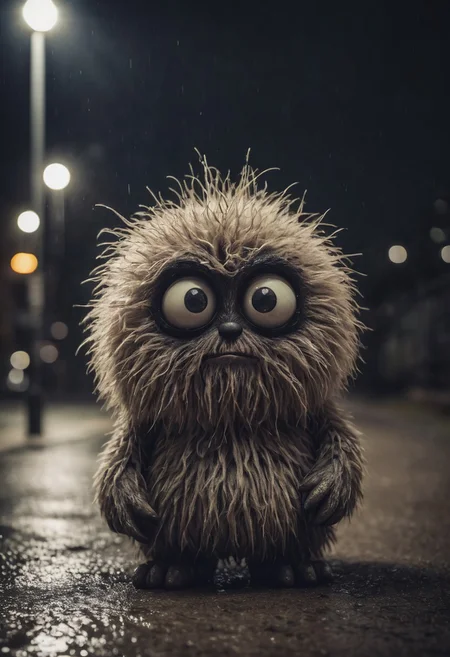 Small furry monster, fur ball, fluffy, shot at night, cute monster, expressive eyes, sad and curious appearance, heartbreaking, very cute, heavy rain, very sad, lonely, lost place, desaturated, dramatic lighting, desaturated background, bokeh, dark theme, soothing tones, depth of field, dramatic backlighting, film grain,