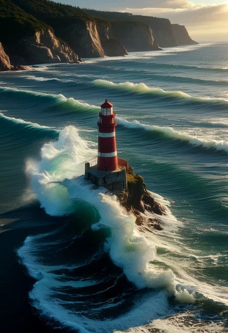 zPDXL, lighthouse, small rocky island, ocean waves, bright sunlight, national geographic, photography, (score_9, score_8_up, score_7_up, score_6_up, score_5_up, score_4_up, high res, realistic, 4k)