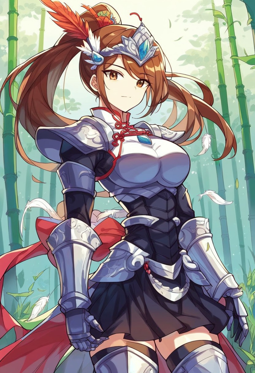 score_9,score_8_up,score_7_up, pov,1girl best quality, (masterpiece:1.2), illustration, absurdres, (1girl, solo), (beautiful detailed girl), kmsren <lora:LuLingqi-08:0.8>, Lu Lingqi, brown hair, brown eyes, long hair, hihg ponytail, headpiece, feathers, armored dress, shoulder armor, black skirt, thigh boots, armored boots, gloves, in bamboo forest, chinese architecture, stream,, standing, cowboy shot,, looking at viewer, confident, proud,